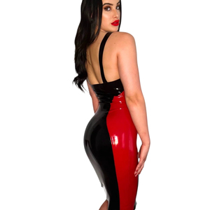 Robe moulante en latex, longueur genou, col halter, rouge et noir contrastés, ajustée, sexy, pour soirée, sans manches, toutes saisons - Product Image 3