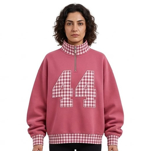 <b>Women</b> Oversized Quarter Zip <b>Sweatshirt</b> Plaid Collar Number 44 Graphic <b>Black</b> Knitted Fleece Autumn Style - Product Image 5