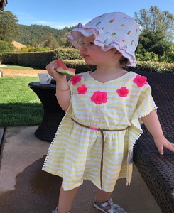 Amazing Mummy & Me <b>Matching</b> Perfect Fit White & Yellow Striped Summer Outfit Decorated With Floral Embroidered & Pom Pom Trim - Product Image 1