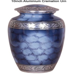 Urna Funeraria de Aluminio Azul, Recipiente Decorativo para Cenizas con Patrón de Hojas Plateadas, Recuerdo Conmemorativo Metálico - Artesanía India - Product Image 4