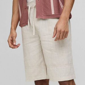 Shorts Bermuda en Lin pour Homme, Couleur Unie, Taille à Cordon, Style Décontracté, Respirant, Taille Mi-Haute - Product Image 1