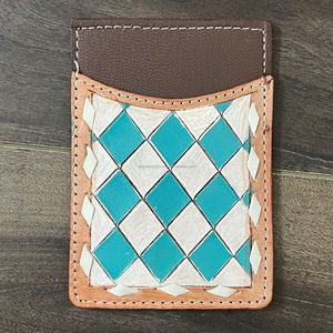 New Wholesale OEM Custom Handmade Genuine Leather Pocket <b>Card</b> <b>Holder</b> Western Boho Style Hand Tooled Checkered <b>Card</b> Sleeve <b>Wallet</b> - Product Image 4