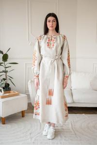 Robe longue en lin naturel brodée de fleurs pour femme, style bohème vintage, coupe ample, manches longues, col en V, ceinture à pompons, écologique, hiver/printemps - Product Image 3