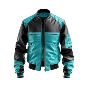 Chaqueta Bomber de Cuero Genuino para Hombre, con Bloques de Color, Cuello Alto, Estilo Motero, con Cierre - Product Image 4