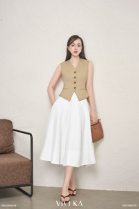 Jupe midi trapèze blanche taille haute pour femme, élégante, en polyester tissé, idéale pour le bureau - RYAN - Product Image 4