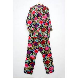 Ensemble de pyjama de luxe 100 % coton, imprimé floral indien fait main, manches longues, pour femme, printemps-été, tenue décontractée de nuit - Product Image 4