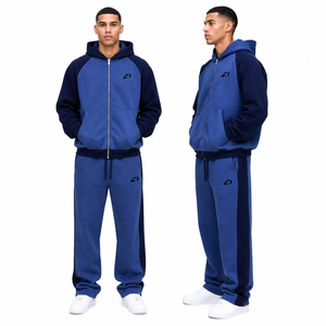 Survêtement de luxe pour homme, décontracté, automne-hiver, bicolore, raglan, fermeture éclair intégrale, deux pièces, sweat à capuche et pantalon de survêtement, logo personnalisé OEM - Product Image 1
