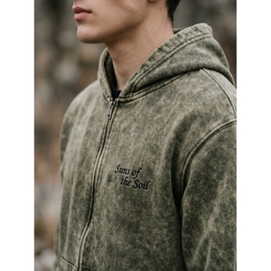 Sweat-shirt à capuche zippé vert délavé à l'acide, coupe décontractée, manches longues, en molleton, haut décontracté pour la détente - Product Image 3