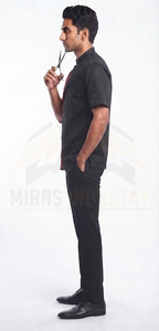 Blouse de barbier noire et rouge à manches courtes pour homme, en polyester respirant, uniforme de travail tendance - Product Image 6