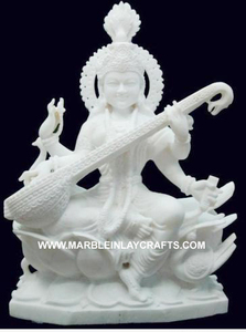 White Marble Saraswati Maa Goddess Sitting Position With Lotus Hands On Veena For <b>Home</b> Decor Manufacturer Of Indian Handmade - Product Image 4