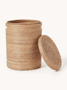 Natural Rattan Storage <b>Basket</b> <b>With</b> <b>Lid</b> Circle Shape Handles For Laundry Storage Nordic Style - Product Image 3