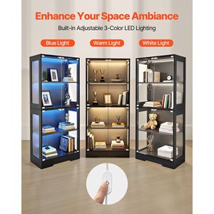 Vetrina Illuminata Alta 65 Pollici con 4 Ripiani, Porte in Vetro, Luci LED a 3 Colori, Espositore e Armadio per Stoviglie - Product Image 5