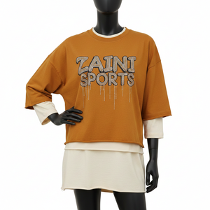 T-shirt oversize en jersey de coton double couche pour femme, style streetwear, avec logo en strass thermocollé, chemise double couche en coton pour femme - Product Image 1