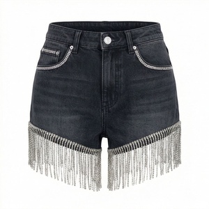 Shorts en jean pour femme, délavage moyen, avec poches décorées et strass sur le bas, qualité supérieure, pour soirée _1 - Product Image 1