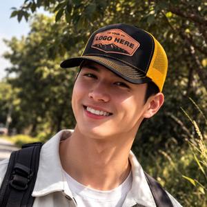 Casquette trucker 5 panneaux, casquette Vietnam, fabrication de casquettes, casquette à visière incurvée en mesh pour homme et femme, logo personnalisé, patch en cuir - Product Image 4