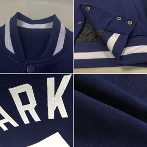 Blouson universitaire personnalisé pour homme, bleu marine, en polyester, imprimé sur le devant, style preppy, coupe classique, fermeture à un bouton, tricoté - Product Image 3