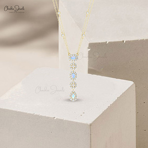 Collier en or massif 14 carats avec pierre de lune taille poire 5x3mm et halo de diamants, bijoux fins personnalisés pour femmes, Chordia Jewels - Product Image 6