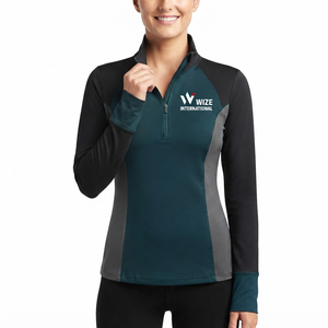 WIZE INTERNATIONAL Camiseta de yoga de manga larga con cremallera de un cuarto para mujer, con bloques de color en contraste, que absorbe el sudor, de ajuste regular - Product Image 1