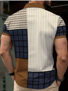 Men s Short Sleeve <b>Patchwork</b> Polo <b>Shirt</b> Color Blocked Casual Regular Fit Geometric Print Zip Front T-<b>Shirt</b> - Product Image 2