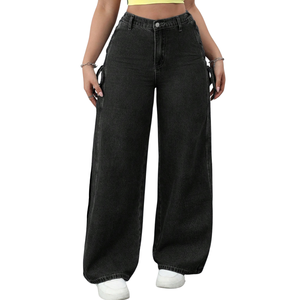 Jean en denim noir taille haute à jambe large pour femme, respirant, séchage rapide, délavé, style streetwear décontracté, coupe régulière, détail dentelle, longueur complète - Product Image 1