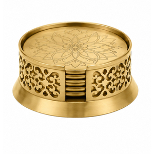 Ensemble de sous-verres en métal martelé avec support décoratif en forme de feuille, sous-verres ronds en acier inoxydable pour la table des hôtels et des restaurants - Product Image 4