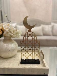 Gold Metal Ramadan Lantern <b>Centerpiece</b> With Crescent Moon Top For Muslim Festival <b>Table</b> Decor - Product Image 1