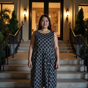 Vestido MIDI de algodón suave transpirable artesanal para chicas jóvenes con estampado de ikat negro y detalles versátiles de bolsillos laterales - Product Image 2