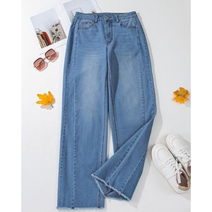 Jean taille haute pour femme, coupe large, en denim extensible à ourlet brut, style décontracté, vente en gros - Product Image 4