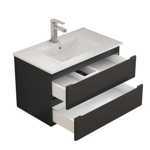 Mobile Bagno Sospeso da 32 Pollici con Doppio Cassetto, Ante Arrotondate, Sistema Soft-Close, Lavabo in Ceramica, Nessun Montaggio Hardware Richiesto - Product Image 4