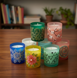 Venta al por Mayor de Velas Aromáticas de Cera de Soya Ecológicas y No Tóxicas en Frascos con Patrones Florales Artísticos Hechos a Mano para Decoración del Hogar, Navidad y Diwali - Product Image 1