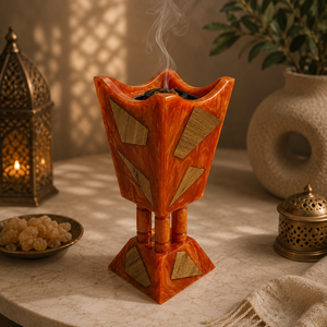 Brûleur à encens Bakhoor en résine époxy et bois avec incrustations géométriques, porte-encens Mabkhara, brûleur à Oud arabe, accessoires de parfum d'intérieur chics - Product Image 1