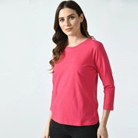 T-shirt pour femme à col rond et manches trois quarts, couleur unie, coupe classique, décontracté, 100% coton tricoté, respirant, toutes saisons