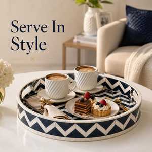 Plateau de rangement décoratif rond en os incrusté, fait main, style bohème moderne, pour accessoires de salle de bain, essentiels de coiffeuse, bijoux et articles de luxe - Product Image 6