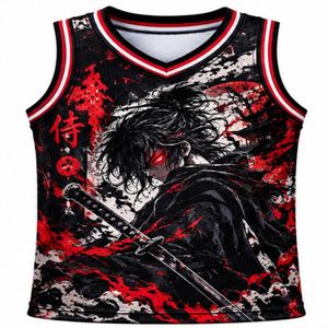 Maillot de basket-ball pour homme, style japonais samouraï, noir, séchage rapide, respirant, col en V, sans manches, polyester, transfert thermique - Product Image 1