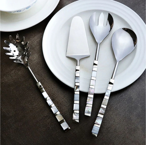 Juego de 2 utensilios para servir ensalada de acero inoxidable con mango de nácar vintage, cuchara y tenedor para servir, para el hogar y hoteles. - Product Image 3