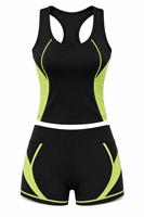 Ensemble de yoga 2 pièces pour femme grande taille, couleur unie, avec bordure contrastante noir et vert lime, soutien-gorge de sport dos nageur et short taille mi-haute sans couture