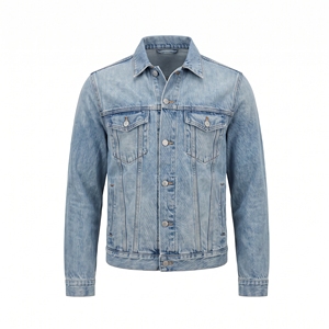เสื้อแจ็คเก็ตเดนิมสีฟ้าอ่อนเคลือบผิวสำหรับผู้ชาย ผ้าฝ้าย 100% คอตั้ง ปิดด้วยซิป สไตล์ลำลอง สตรีทแวร์ เสื้อนอกสำหรับฤดูใบไม้ร่วง สีพื้น - Product Image 2