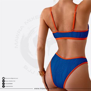 Mawra new Women Blue Orange Trim <b>Bikini</b> <b>Set</b> 2 Piece Plunge Neck Hollow Out Stretch Swimwear Hipster Bottoms For Women - Product Image 6