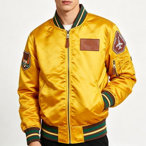 Custom Logo Men's <b>Retro</b> Souvenir Satin Flight Varsity <b>Jacket</b> <b>Leather</b> Chest Patch Striped Cuff Embroidered Letterman Bomber Coat - Product Image 5