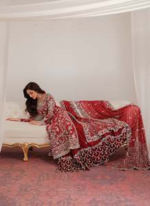 Conjunto de Lehenga de Boda Rojo Bordado, Largo hasta el Suelo, Corte en A, con Botones en la Espalda, para Mujer, Estilo Pakistaní - Product Image 3