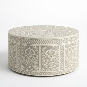 Factory Custom <b>Round</b> Camel Bone Inlay Furniture Luxury Teal Geometric Pattern Drum Center Coffee <b>Table</b> With Brass Base On <b>Sale</b> - Product Image 6