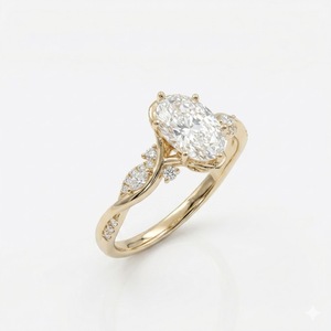 Bague de fiançailles en diamant ovale de culture, bande feuille de vigne, or jaune 14 carats, pavé de feuilles de marquise botaniques, bijoux de mariée - Product Image 2