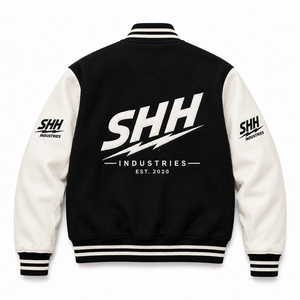 แจ็คเก็ตวาร์ซิตี้สีดำขาวแบบกำหนดเองของ SHH INDUSTRIES สำหรับผู้ชาย ปักลายเชนิลล์ แจ็คเก็ตเบสบอลแบบ Letterman แขนหนัง - Product Image 2
