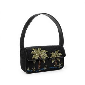 Pochette de soirée de luxe personnalisée pour femme, faite à la main, noire, brodée, avec perles et motif palmier, portable, pour l'été, les fêtes et les mariages - Product Image 1