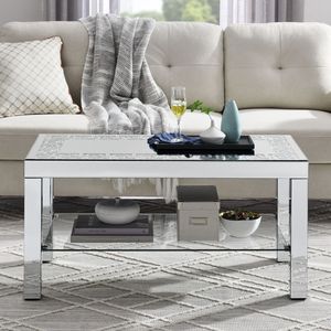 W 40\" X D 20\" X H 20\" Curved Border Carved <b>Mirror</b> Coffee <b>Table</b> with Silver <b>Mirror</b> Glass Top and Sparkling Diamond Edge Frame - Product Image 2