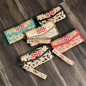 Cartera larga de cuero genuino turquesa a cuadros, hecha a mano, con elegante diseño floral de cerezas, de lujo, con correa para la muñeca, RFID, para mujer. - Product Image 4