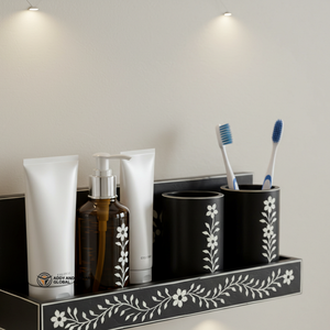 Estante de tocador moderno con incrustaciones de hueso negro, juego de baño decorativo montado en la pared, estante de baño de diseño con incrustaciones de hueso negro - Product Image 2