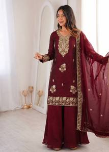 Conjunto de traje étnico de seda Fandy de lujo, el más vendido, con Kurti, Palazzo y Dupatta a juego, con lentejuelas bordadas de 3 mm, en venta. - Product Image 3