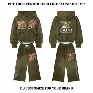 Conjunto Deportivo de Felpa de Algodón para Hombre, 400 GSM, Verde Oliva, Sudadera con Capucha Lavada al Ácido, Pantalones Anchos, Acabado Desgastado, Logotipo Personalizado con Serigrafía - Product Image 1
