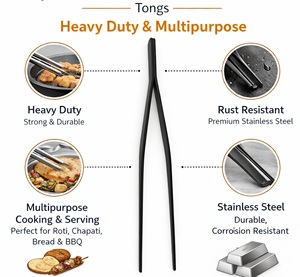 Black Stainless Steel <b>Kitchen</b> Chimta <b>Tong</b> | Heat Resistant Cooking <b>Tongs</b> 25 cm | Rust Proof Oven/Dishwasher Safe Food Grip Tool - Product Image 2